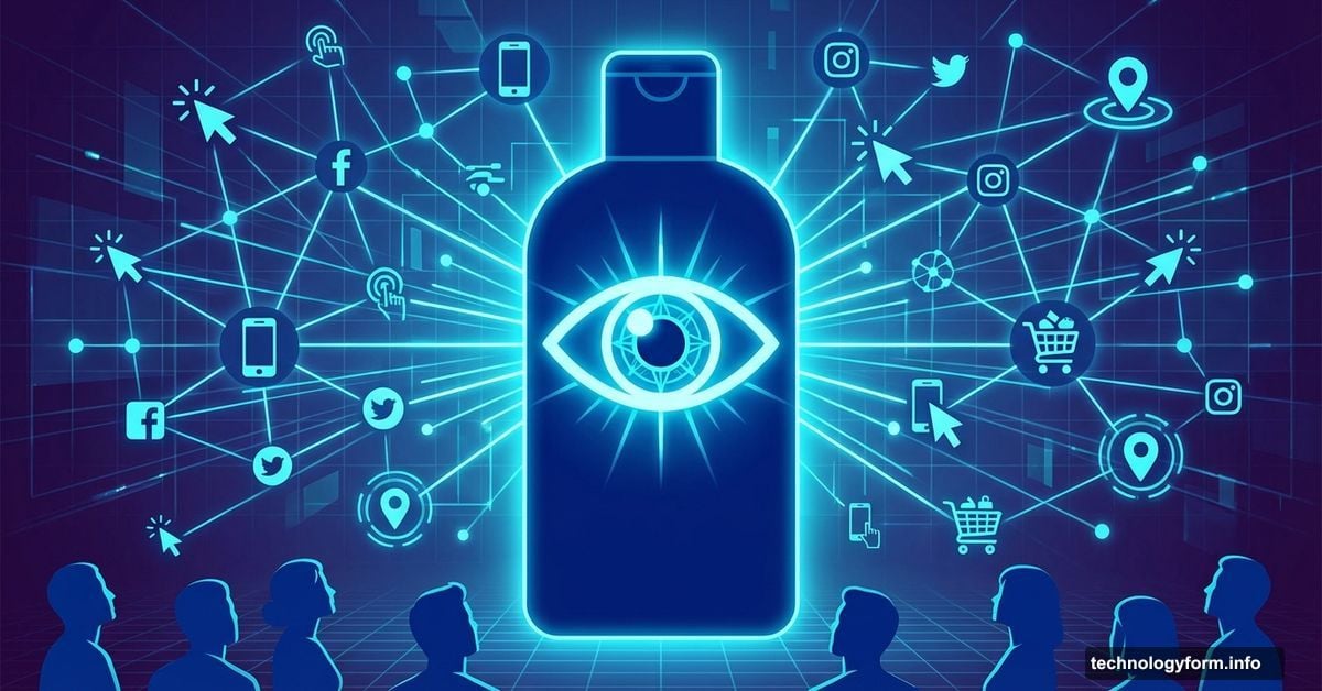 Shampoo bottle with eye symbol surrounded by digital tracking icons