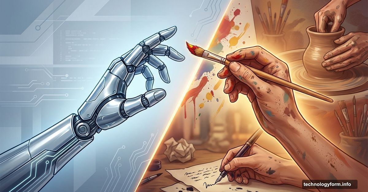 Robotic AI hand versus human hand creating art, representing choice and purpose