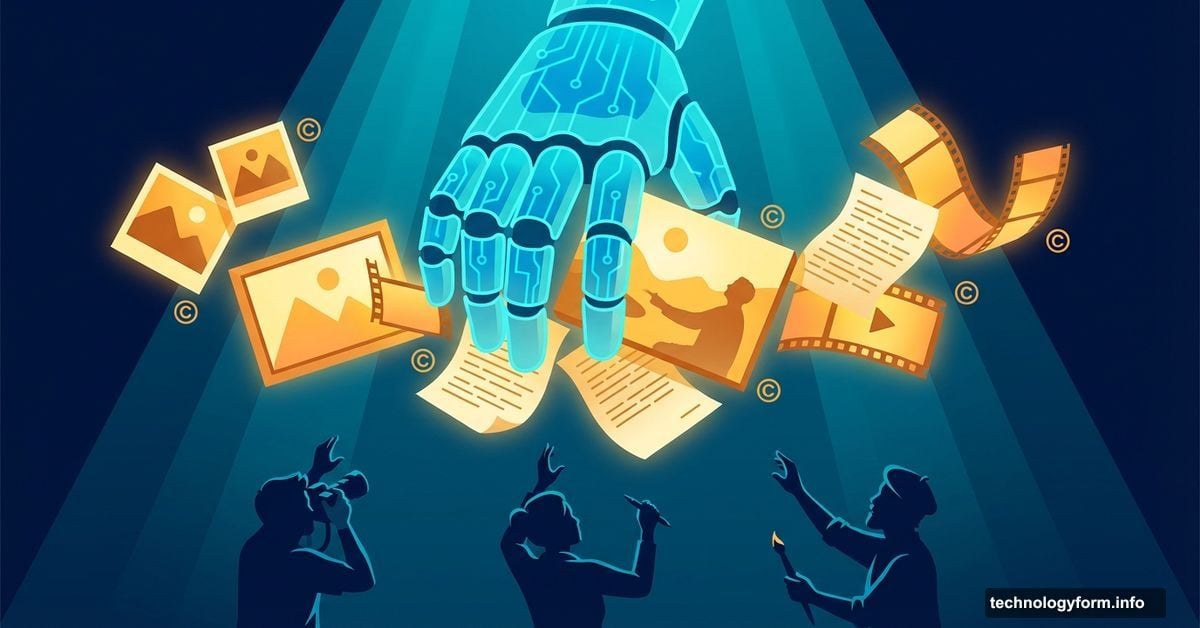AI robotic hand taking copyrighted creative works from concerned creators