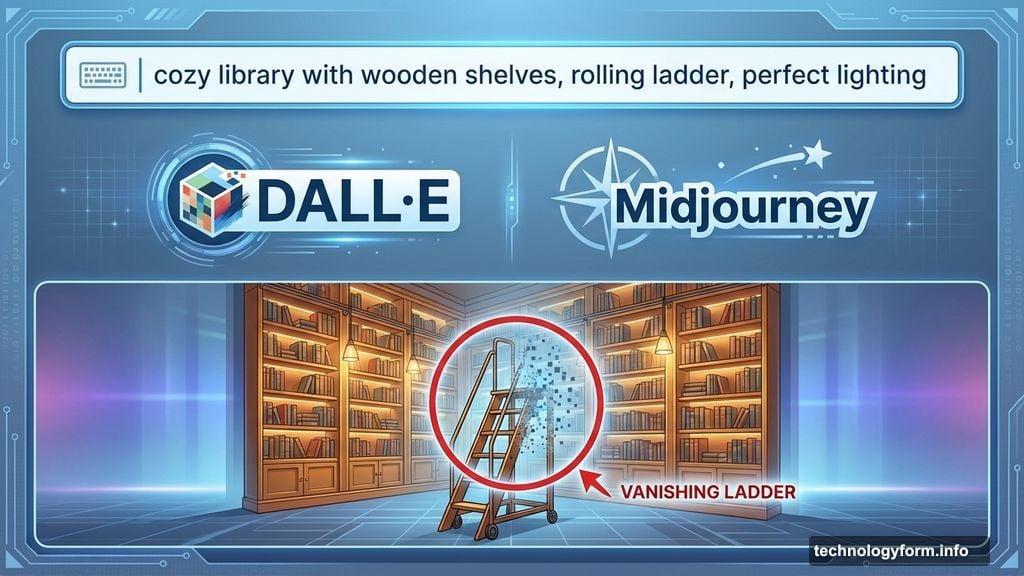 The rolling ladder simply vanished halfway up in generated image