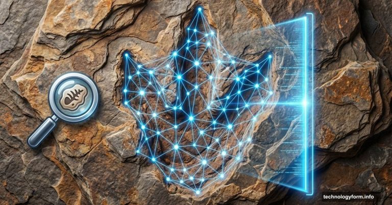 AI neural network analyzing fossilized dinosaur footprint in ancient rock