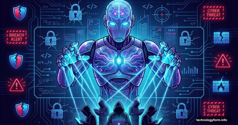 AI puppet master controlling tiny human hackers with digital strings