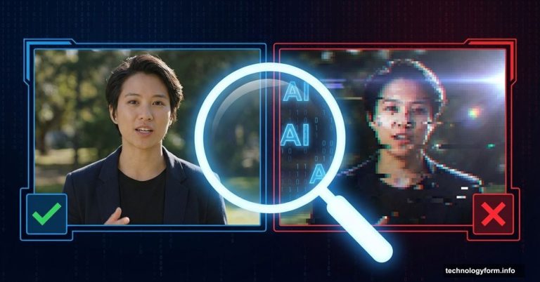 Magnifying glass examining real versus AI-generated fake video comparison