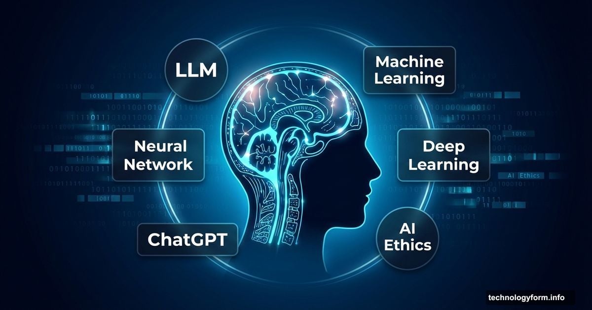 Human head with neural network brain surrounded by AI terminology labels
