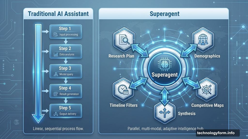 Superagent works differently deploying specialists simultaneously versus sequential processing