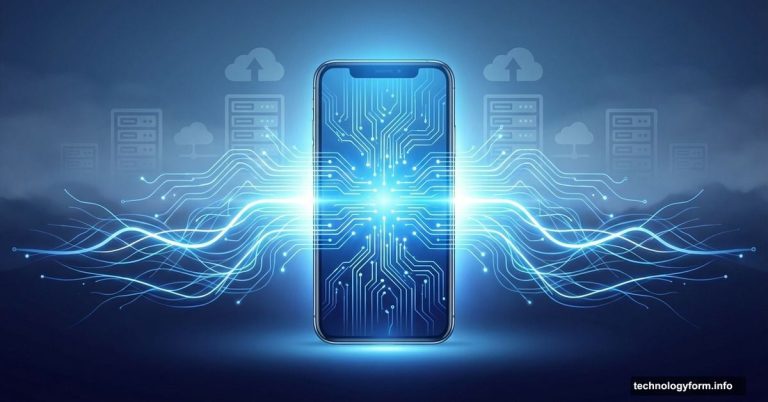Smartphone with glowing AI circuits, cloud servers fading in background