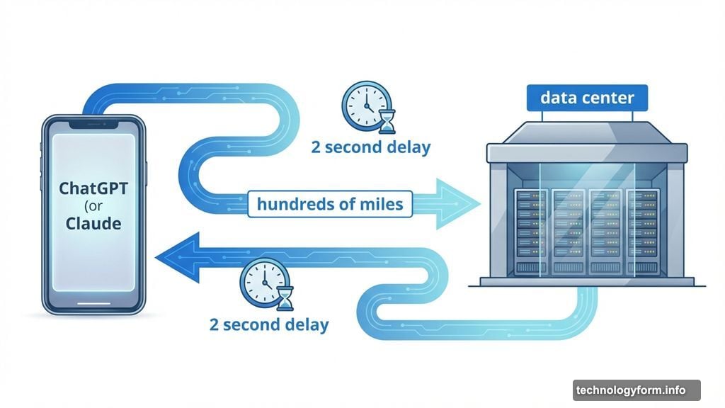 Cloud-based AI request travels hundreds of miles to data centers