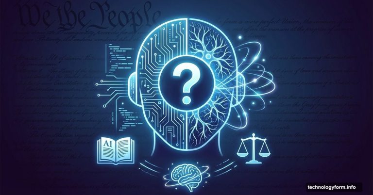 AI chatbot head split between mechanical and conscious, glowing question mark