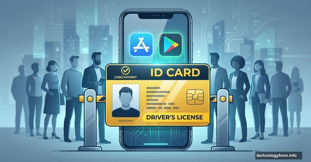 Smartphone with app store blocked by large ID card checkpoint