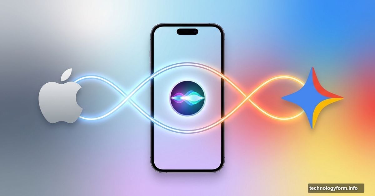 iPhone with Siri between Apple and Google Gemini logos showing partnership