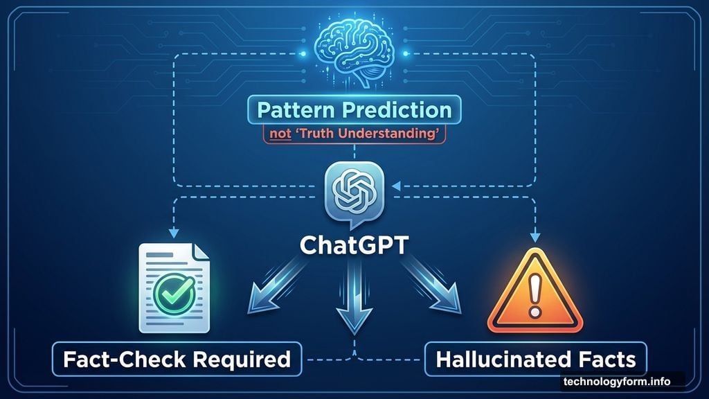 ChatGPT predicts text patterns but sometimes hallucinates facts requiring verification