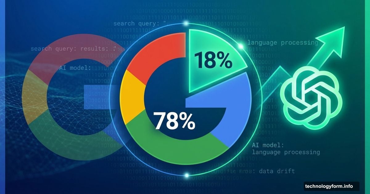 Google and ChatGPT logos with market share pie chart showing search dominance shift