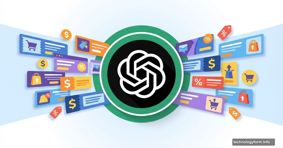 ChatGPT logo surrounded by advertising banners and dollar signs