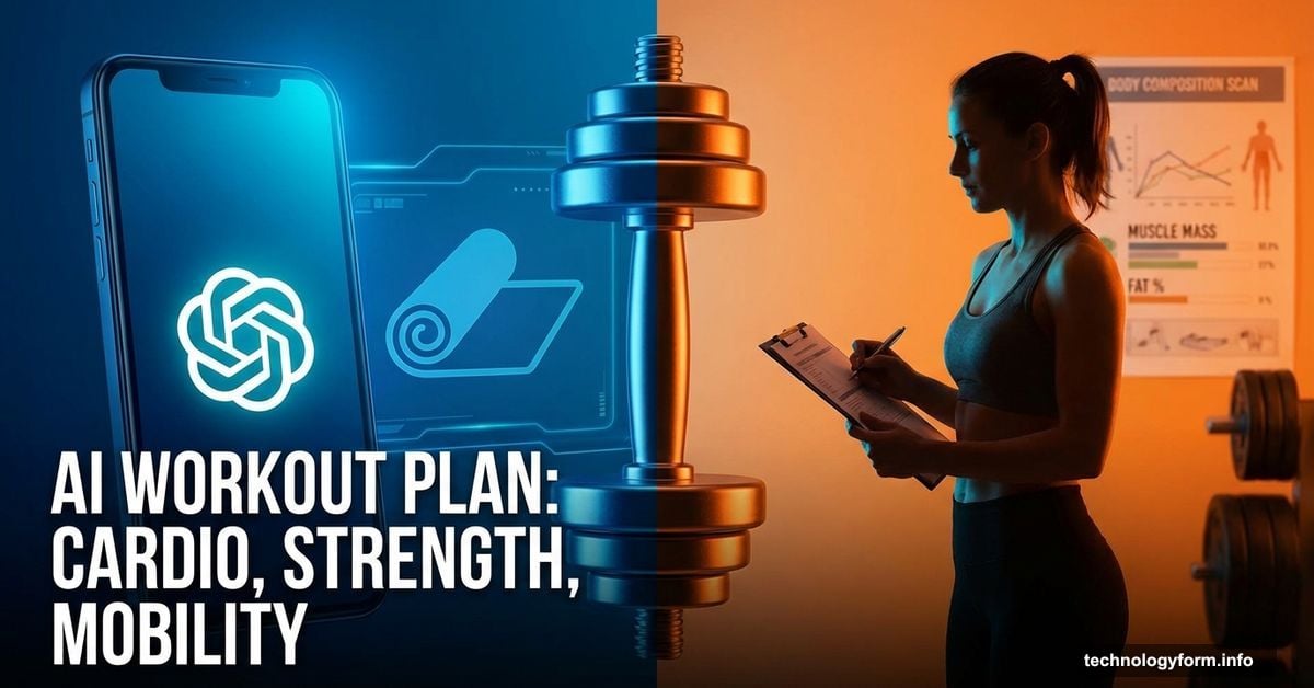 ChatGPT smartphone versus human personal trainer split by dumbbell