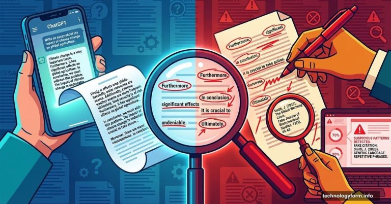 Teacher detecting AI-generated essay with magnifying glass over student's ChatGPT work