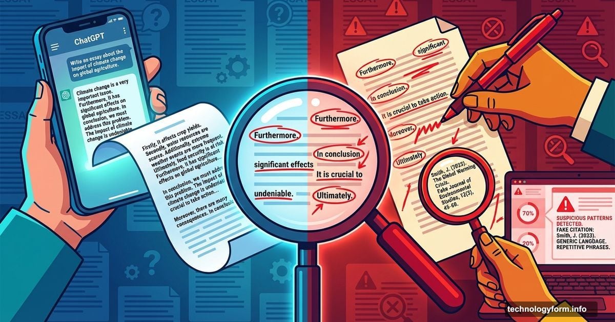 Teacher detecting AI-generated essay with magnifying glass over student's ChatGPT work