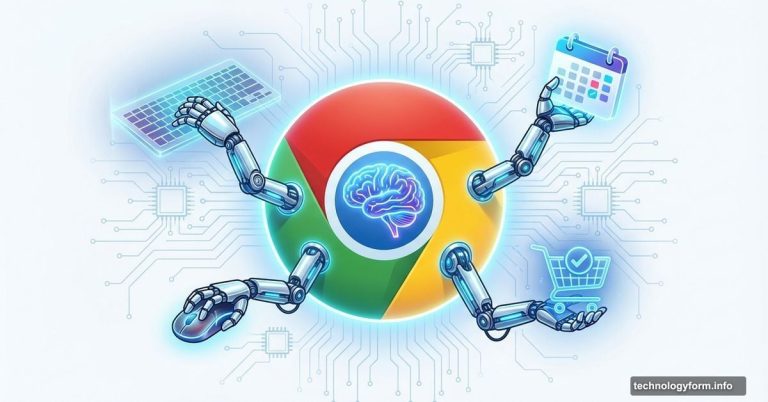 Chrome browser logo with AI brain and robotic arms performing tasks