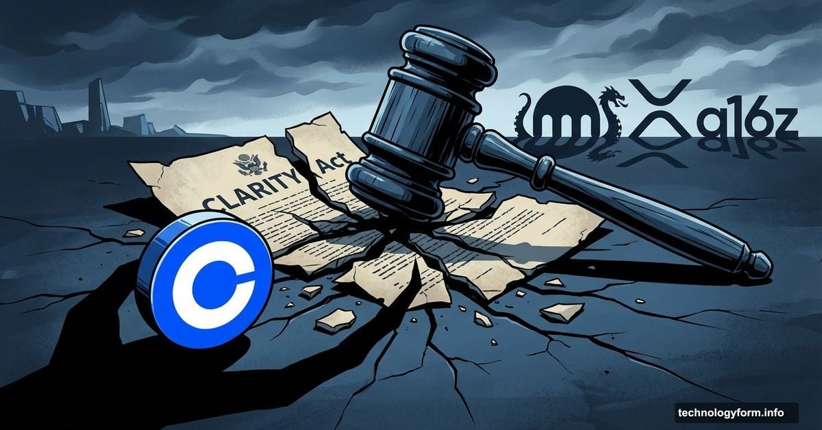 Coinbase logo overshadowing broken CLARITY Act legislation surrounded by frustrated competitors