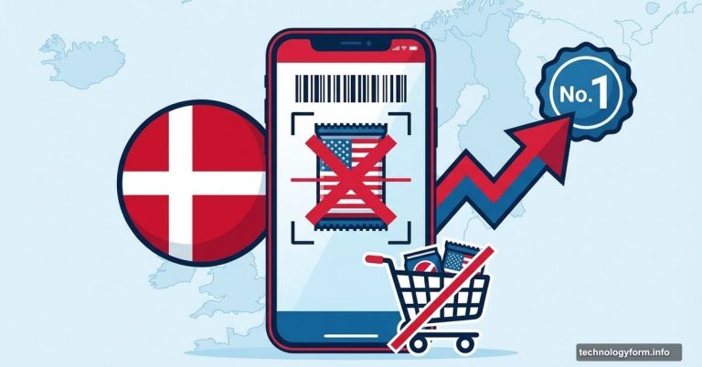 Smartphone scanning barcode rejecting American products with Danish flag