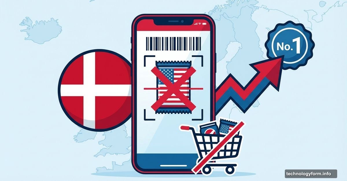 Smartphone scanning barcode rejecting American products with Danish flag