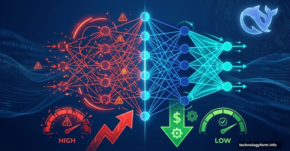 Neural network diagram showing optimized pathways with decreasing memory costs