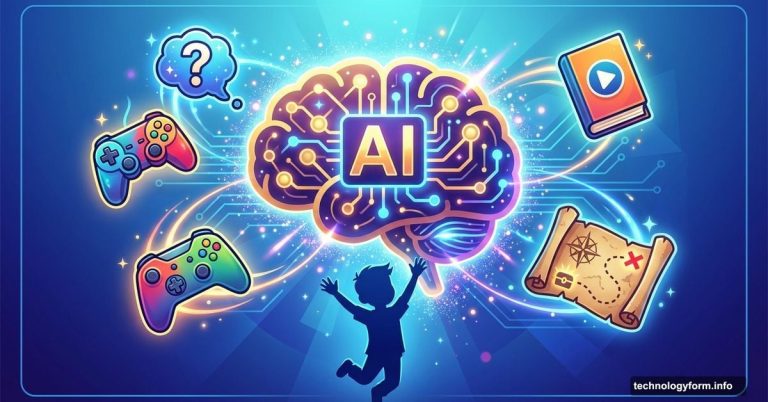 Child reaching toward glowing AI brain surrounded by interactive learning elements
