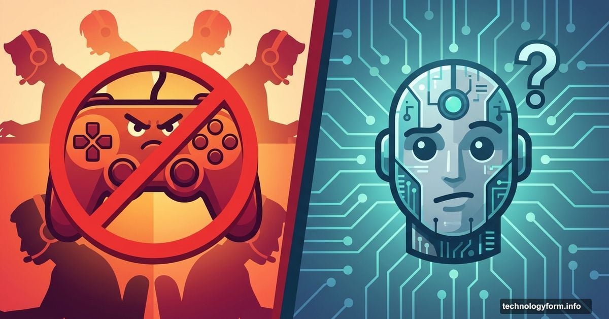 Split image: angry game controller versus confused AI head