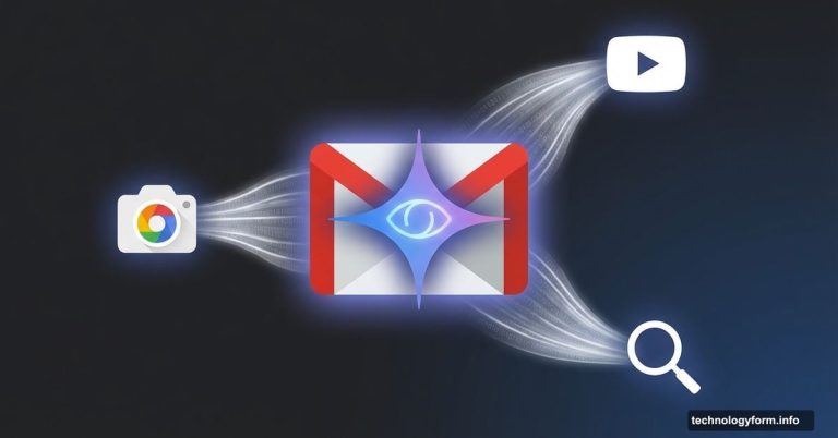 Gmail envelope with Gemini AI symbol connecting to Google services