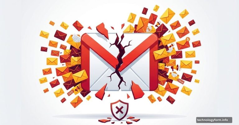 Broken Gmail logo with spam emails flooding out through crack
