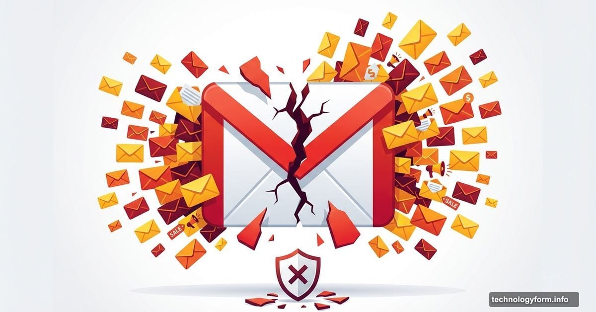 Broken Gmail logo with spam emails flooding out through crack