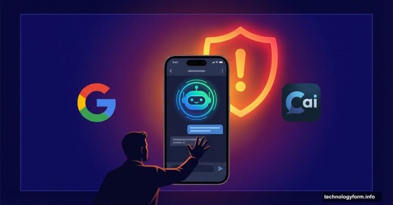 AI chatbot on phone screen with warning shield and company logos