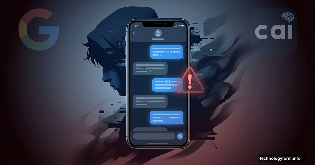Smartphone showing AI chatbot interface with shadowed teen silhouette and warning symbols