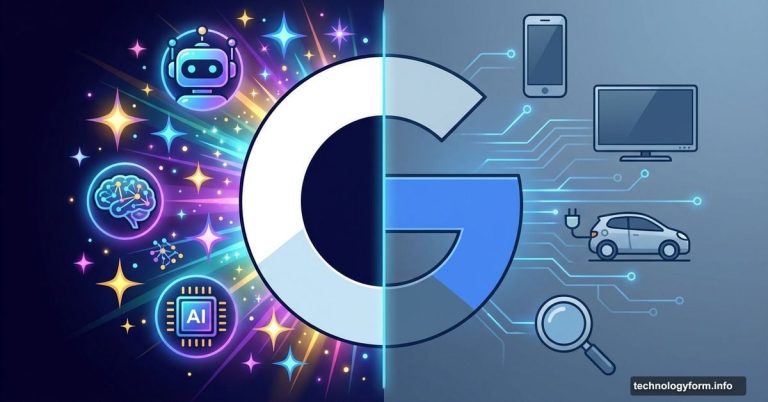 Google logo split showing transition from flashy AI hype to practical utility