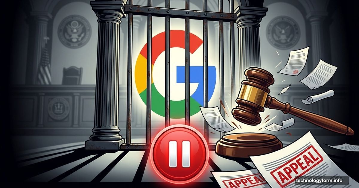 Google logo behind bars with pause button and gavel symbolizing appeal