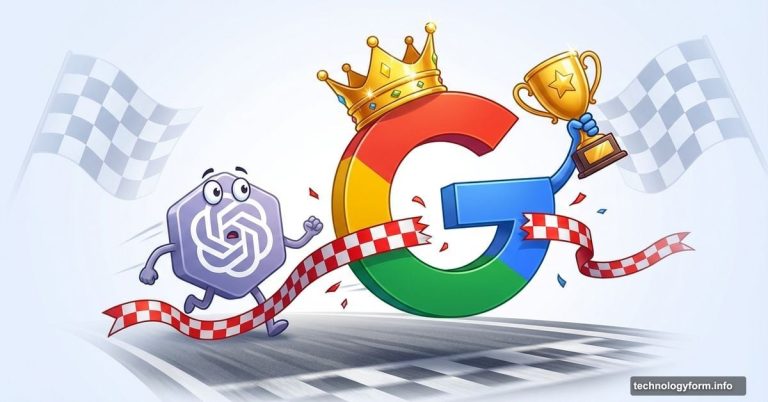 Google logo crossing finish line ahead of OpenAI in AI race