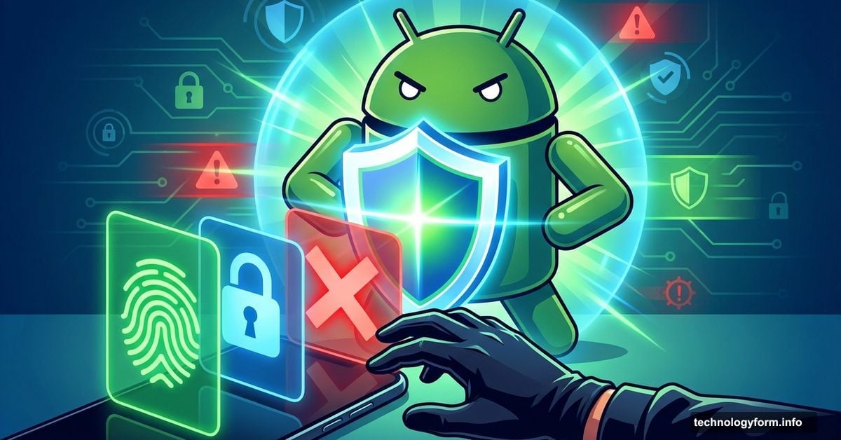 Android robot protected by glowing shield blocking thief's hand with security barriers