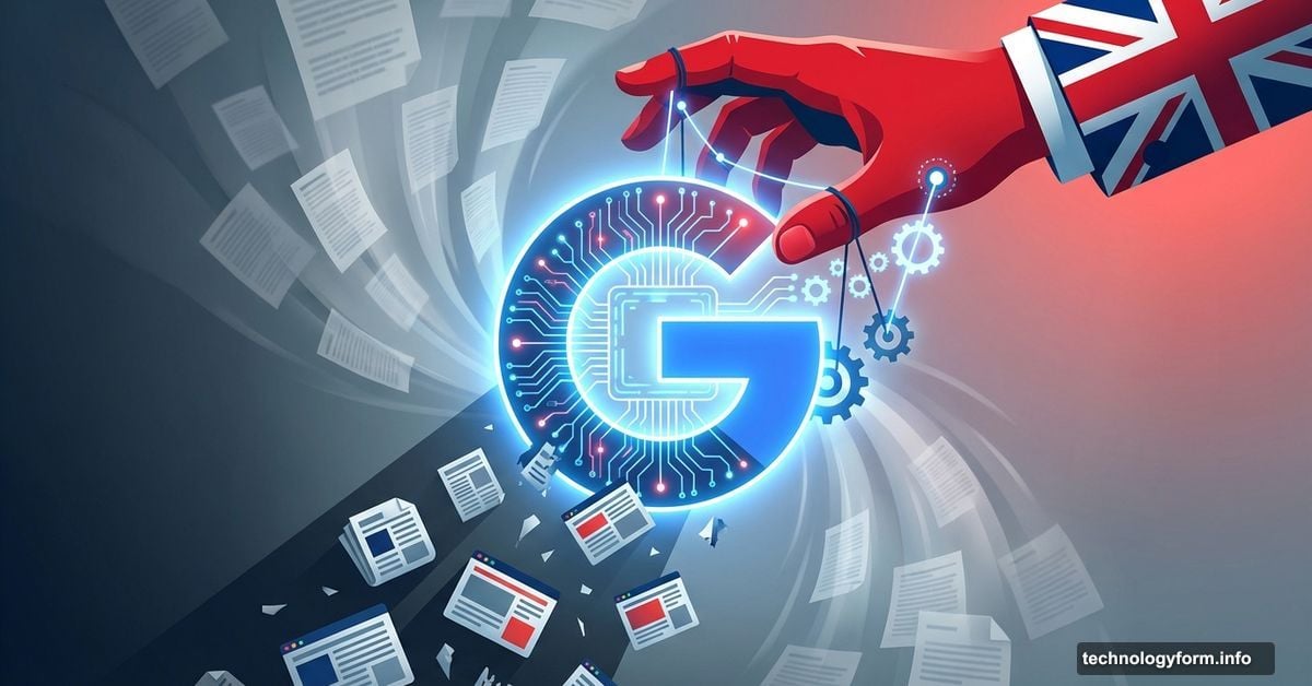 UK regulatory hand pulling back Google logo hovering over publisher websites