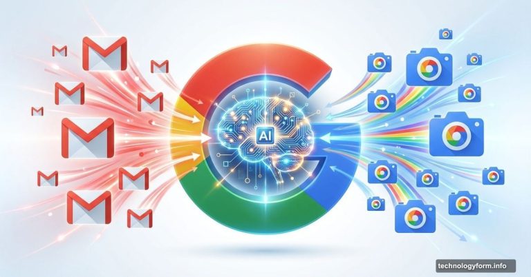 Google logo with AI brain processing Gmail and Photos data