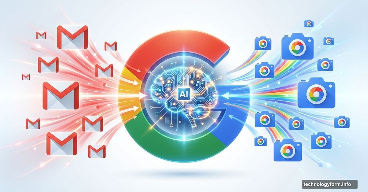 Google logo with AI brain processing Gmail and Photos data