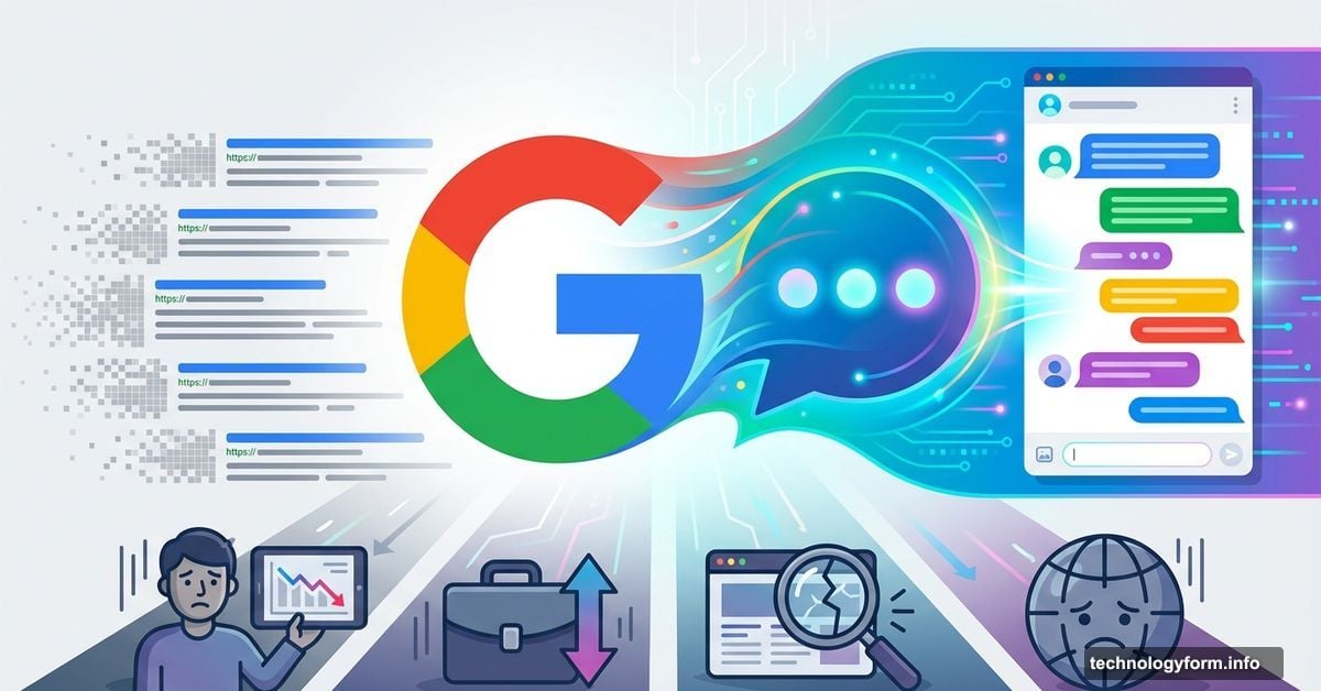 Google logo transforming into chatbot pushing traditional search results down