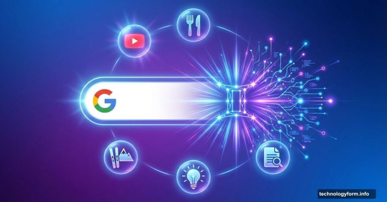 Google Search bar with glowing Gemini AI constellation and smart feature icons