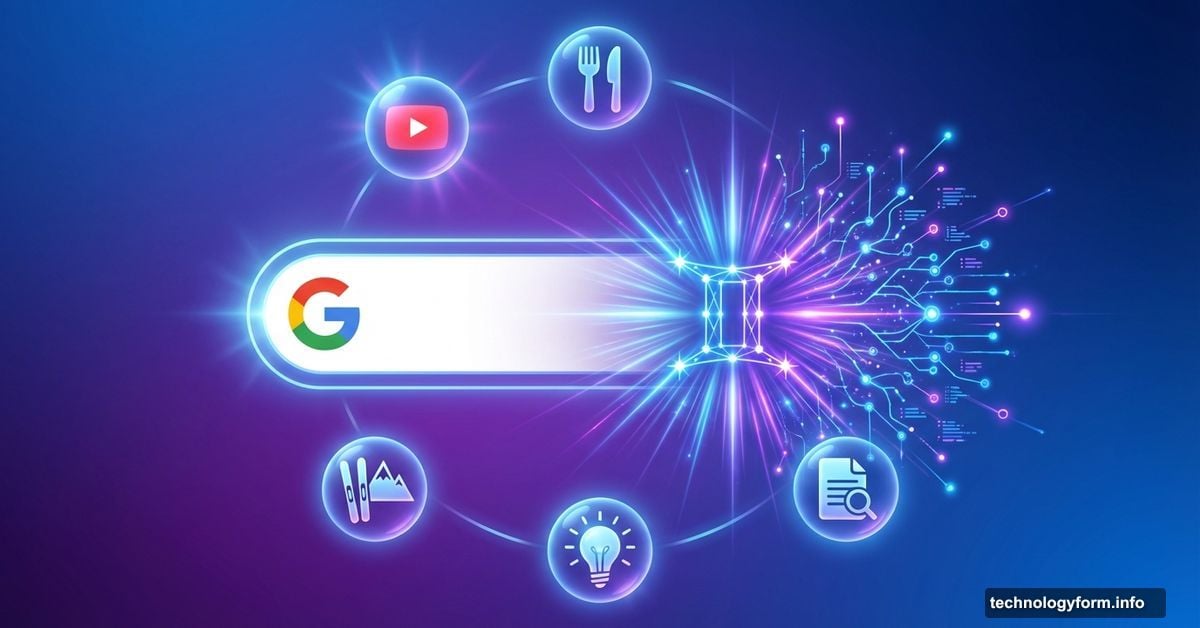 Google Search bar with glowing Gemini AI constellation and smart feature icons