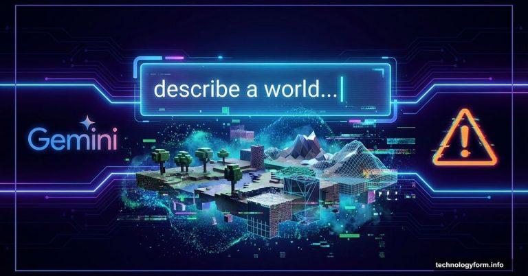 Text prompt box generating glitchy 3D game world illustrating Google Genie AI
