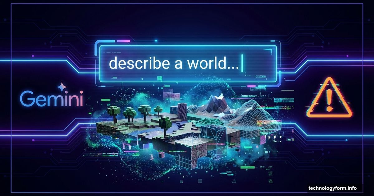 Text prompt box generating glitchy 3D game world illustrating Google Genie AI