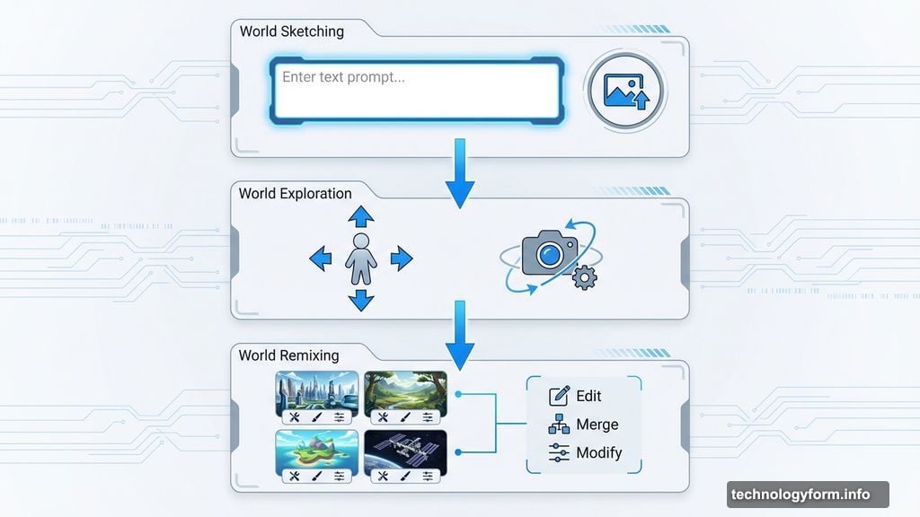 Three core functions: world sketching, exploration, and remixing capabilities