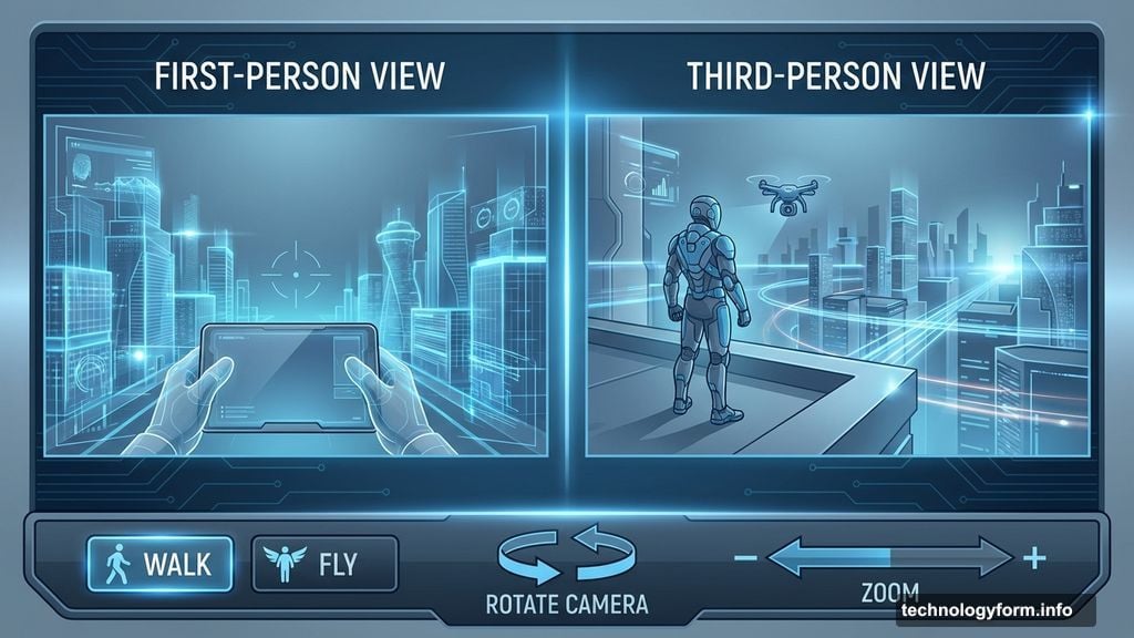 Character movement and perspective control in AI-generated interactive spaces