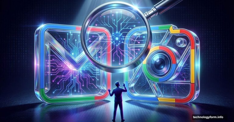 AI eye scanning Gmail envelope and Google Photos revealing neural networks