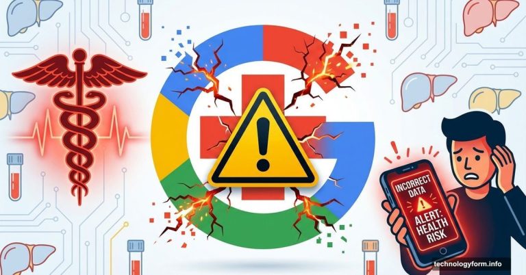 Google logo with medical cross cracking apart surrounded by warning symbols