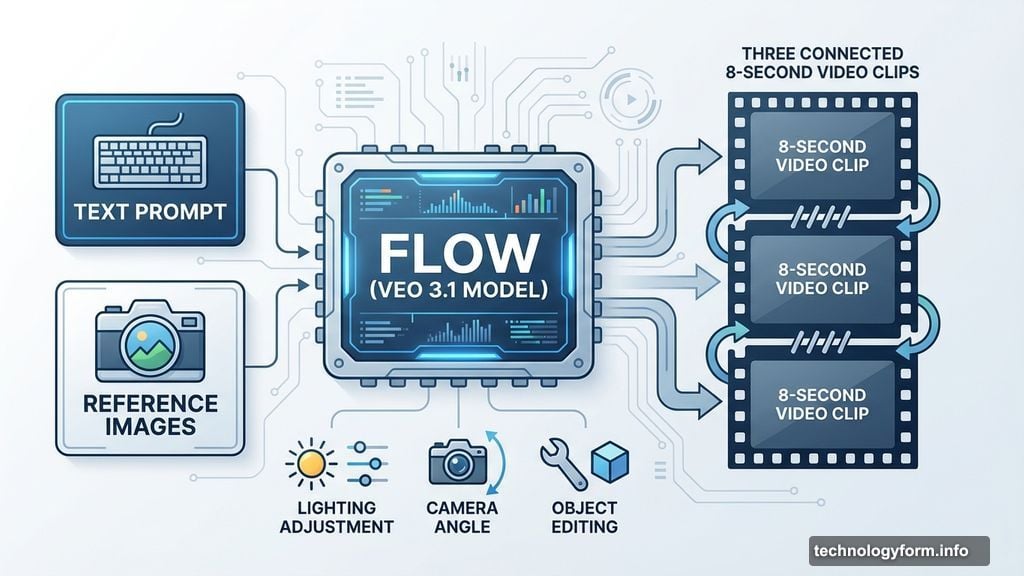 Flow generates eight-second clips from text prompts or reference images