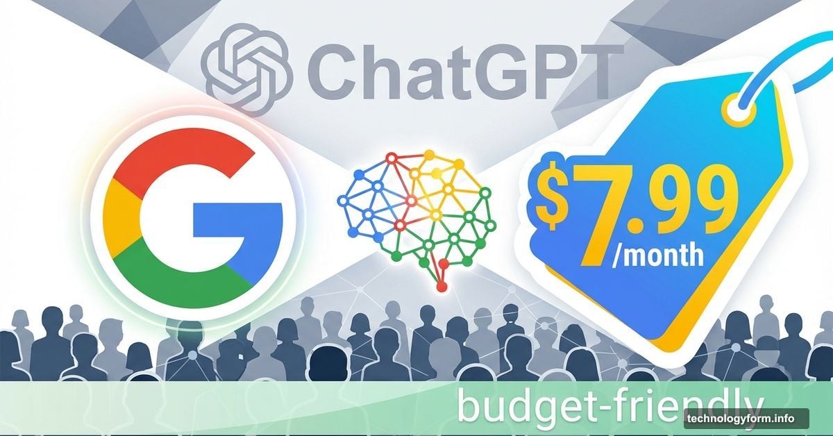 Google logo with $7.99 price tag and AI brain icon representing affordable subscription